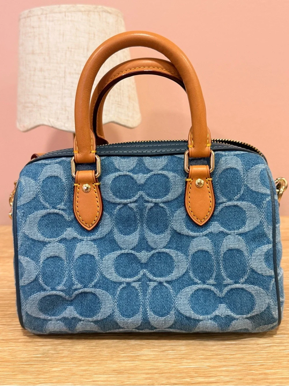 Coach Denim Signature Satchel with Tan Leather Trim